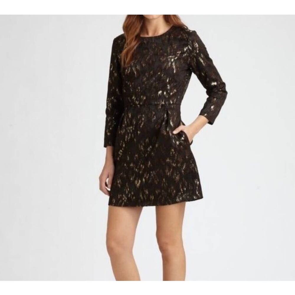 Steven Alan Carolyn Mini Dress Brocade Metallic 3/4 Sleeve Size 2 NWT Brown Gold